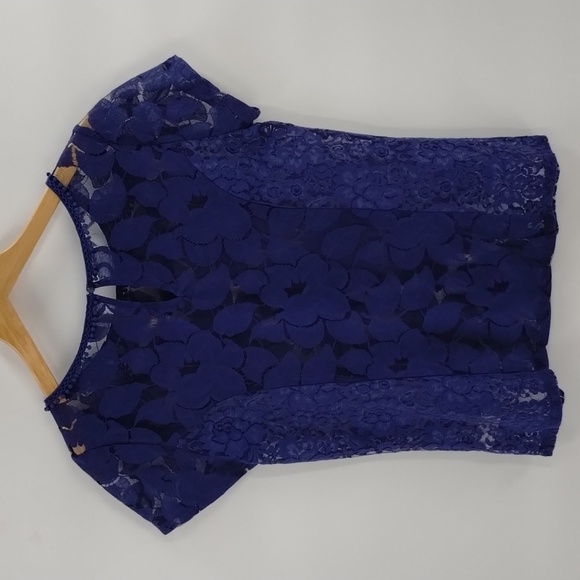 Lauren Conrad brocade and lace blue sheer blouse top size medium short sleeve - Picture 9 of 9
